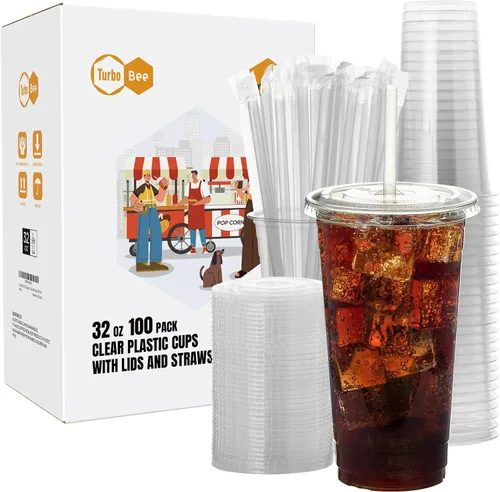 Miniatura 8 de Turbo Bee - 25 juegos de vasos de plástico transparente de 32 oz con tapas y popotes desechables para llevar, vasos con tapas para café helado
