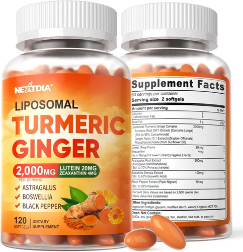 Miniatura 10 de Pastillas de suplemento liposomal de cúrcuma y jengibre de 2000 mg + 20 mg de luteína 20 mg de zeaxantina, curcumina orgánica de cúrcuma