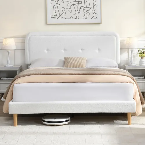 Miniatura 7 de Base de cama de tamaño matrimonial con cabecera ajustable, moderna cama tapizada suave y bonita con tela de bucle, marco de cama para niñas, fácil