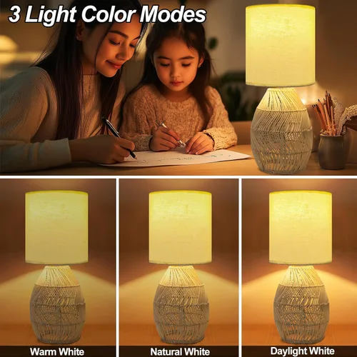 Miniatura 2 de Lámpara de mesita de noche estilo Boho de ratán - Lámpara tejida de bambú hecha a mano con 3 temperaturas de color para mesita de noche y sala