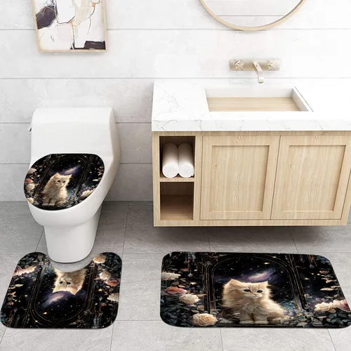 Miniatura 3 de Juego de 4 cortinas de ducha de gato con alfombras antideslizantes, cubierta para tapa de inodoro y tapete de baño, diseño de castillo rosa