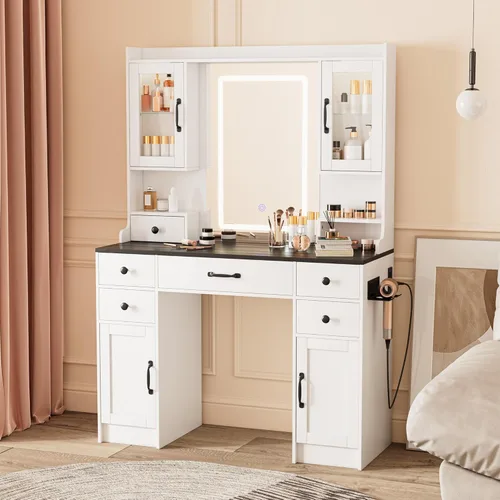 Miniatura 8 de NUNU LAB Escritorio tocador con espejo y luces con 6 cajones y 4 armarios, gran mesa de maquillaje para mujeres con toma de corriente, iluminación