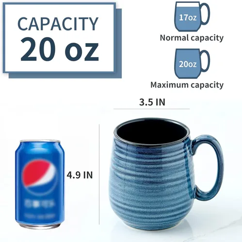 Miniatura 3 de HASENSE Juego de 2 tazas de café grandes de porcelana de 20 onzas para la oficina y el hogar, taza de café moderna con mango grande para café