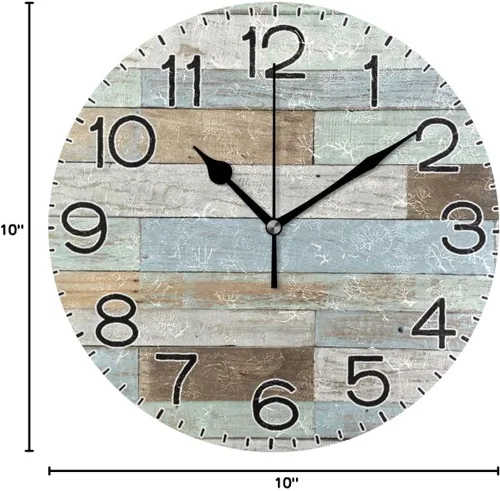 Miniatura 8 de Reloj de pared de madera azul y marrón, estilo rústico costero, decorativo, redondo, funciona con pilas, sin tictac, silencioso, cuarzo analógico