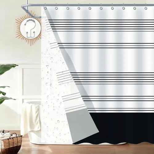 Miniatura 5 de ORTIGIA Cortina de ducha a rayas negras, cortina de baño de tela de poliéster impermeable de 72 x 72 pulgadas, con forro de PEVA y 12 ganchos