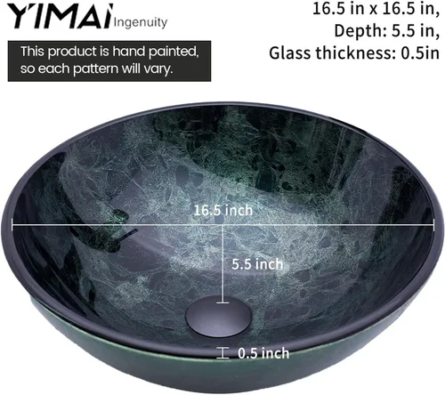 Miniatura 3 de Lavabo de Recipiente 16.5" Lavabos de Baño Vidrio Templado Verde Lavabo de Arte Cuenco Redondo con Combo de Grifo Verde, Lavabo de Encimera