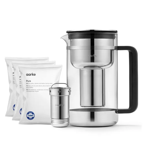 Miniatura 11 de Aarke Purificador - Jarra de filtro de agua de vidrio y acero inoxidable de alta calidad, sistema de filtro recargable y gránulos, jarra de 2.8 L