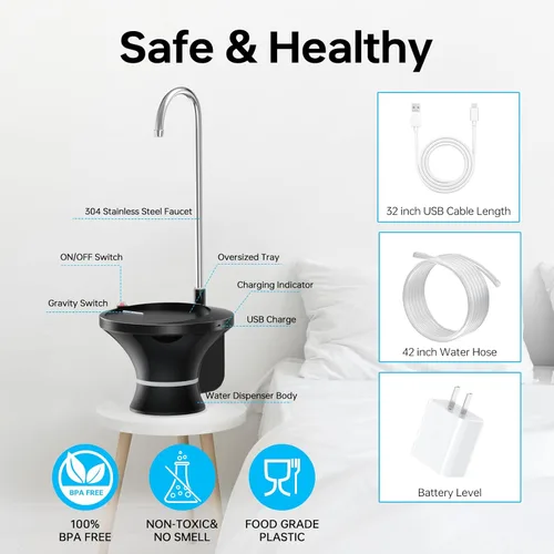 Miniatura 6 de Bomba dispensadora de agua potable, bomba eléctrica automática para botellas de agua potable para jarras de agua de 2-5 galones, recargable por USB