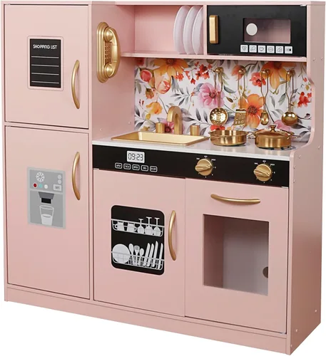 Miniatura 4 de TOUCH US Juego de Cocina de Madera para Niños con Luz, Juego de Cocina de Juguete de Pretensión para Niños, Fregadero Juguete Horno con Microondas