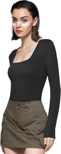 Miniatura 37 de PUMIEY Body sexy de manga larga con cuello cuadrado para mujer, colección Smoke Cloud