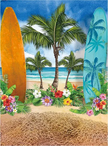Miniatura 6 de Allenjoy Fondos de fondo de verano y playa para fotografía, cielo azul, playa, tabla de surf, palmeras tropicales, para niños y niñas, cartel