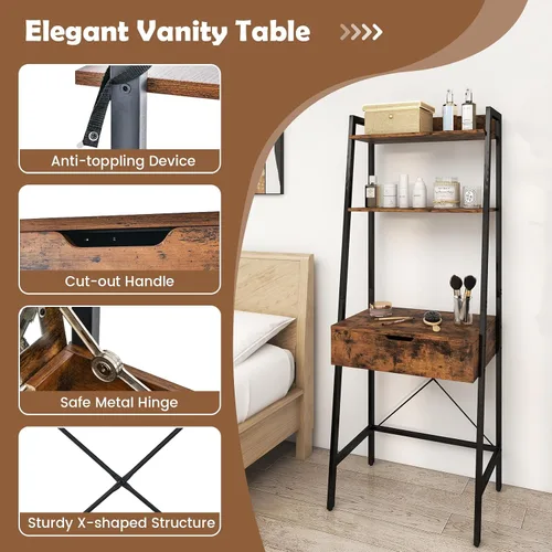 Miniatura 6 de CHARMAID Juego de escritorio de tocador de escalera – Mesa de tocador de maquillaje con espejo abatible, taburete acolchado, 4 compartimentos