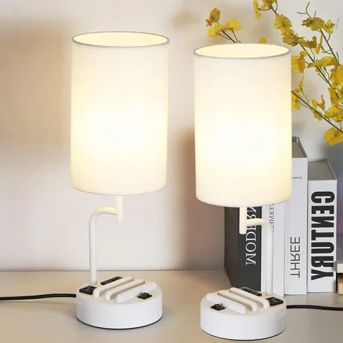 Dreamholder - 2 lámparas de mesa con 3 puertos de carga USB, moderna lámpara de escritorio con toma de corriente alterna y soportes para teléfono,