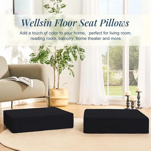 Miniatura 3 de Wellsin Almohadas cuadradas sólidas para el suelo para adultos y niños, cojín grande de meditación con espuma gruesa y funda de terciopelo lavable