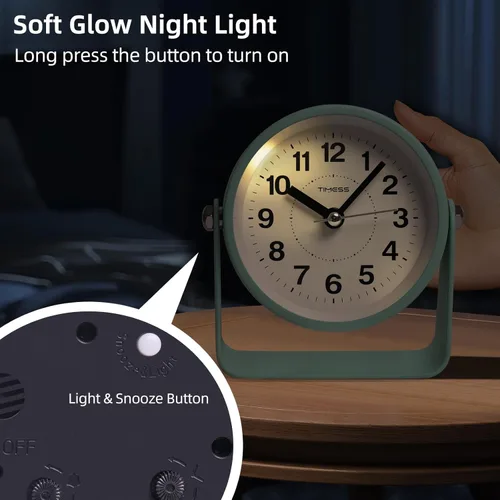 Miniatura 5 de Reloj de alarma analógico TIMESS, silencioso con movimiento de cuarzo, funciona con pilas con función de repetición de alarma y luz bajo demanda