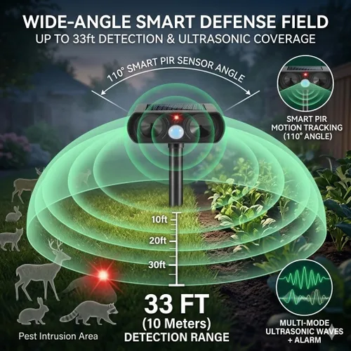 Miniatura 4 de 2026 Repelente ultrasónico de animales para exteriores con disuasión solar activado por movimiento para asustar a ardilla, conejo, gato, ciervo