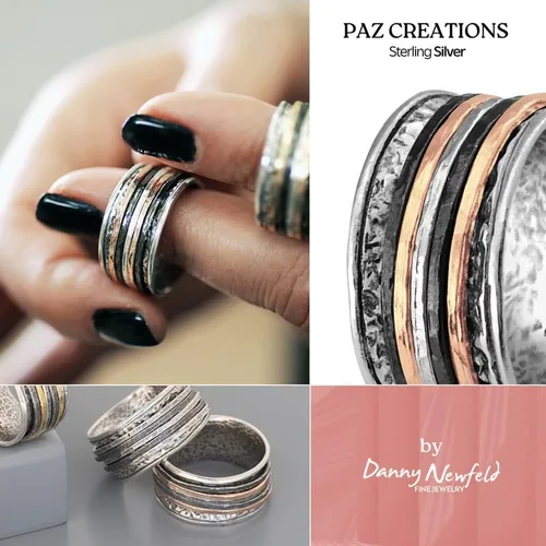 Miniatura 4 de Paz Creations - Anillos giratorios de plata de ley 925 para mujeres y hombres, anillo de meditación de banda gruesa con patrón martillado, joyería