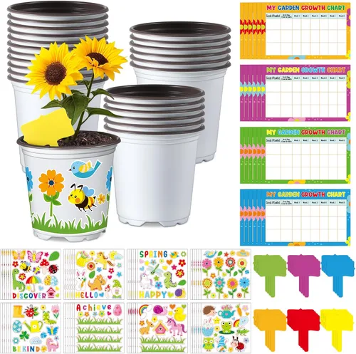 Miniatura 8 de Capoda Juego de 24 macetas de jardín, kit de manualidades, macetas de plástico de primavera para vivero con calcomanías, tablas de crecimiento