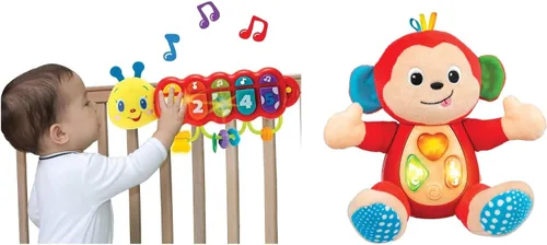 KiddoLab Paquete Play & Learn: juguete de cuna de oruga iluminado de Lira y peluche melódico de mono - Atractivos amigos musicales para tu pequeño.