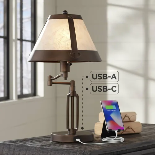 Miniatura 8 de Franklin Iron Works Samuel - Lámpara de mesa rústica con brazo oscilante de 21 1/4 pulgadas de alto con puertos USB, carga A+C, pantalla de mica