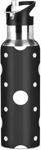 Miniatura 8 de White Polka Dots Black Insulated Water Bottle 20 Oz Leakproof Water Bottles, BPA-Free Sports Water Bottle with Straw