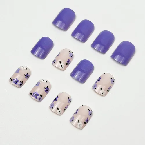Miniatura 5 de Uñas postizas a presión moradas, cortas, cuadradas, SWEKKE bonitas, uñas postizas con diseños florales morados y blancos, cobertura completa