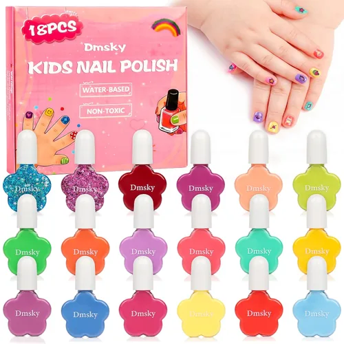Dmsky Juego de esmaltes de uñas para niños, 18 colores de esmalte de uñas pelable a base de agua de secado rápido para niños, kit de esmalte de uñas