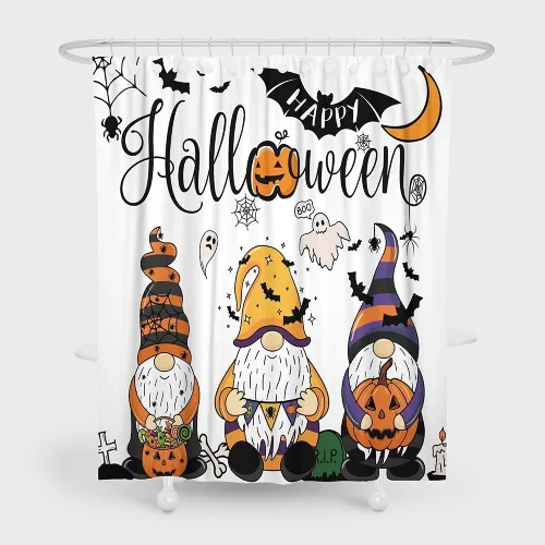 Miniatura 3 de Cortina de ducha de gnomos de Halloween de 72 x 78 pulgadas, cortinas de baño de tela de otoño con diseño de caricaturas, calabaza, bruja, escoba