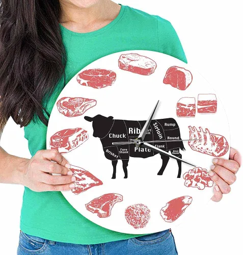 Miniatura 9 de The Geeky Days Angus Beef Chart - Reloj de pared minimalista con diseño de carne, casa de carne, cocina de granja, arte de pared, silencioso, reloj