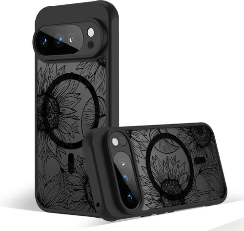 Miniatura 19 de Funda magnética para Google Pixel 10A [Compatible con MagSafe] Funda con patrón floral de flores negras para mujeres y niñas, con borde de TPU Rama