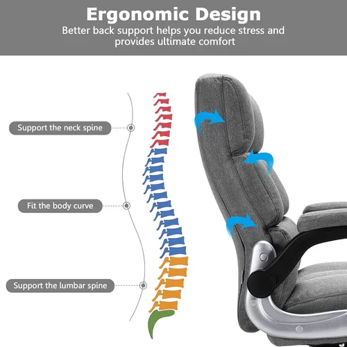 Miniatura 6 de Giantex Silla de oficina ejecutiva, silla ergonómica grande y alta, ángulo de inclinación ajustable y reposabrazos abatibles, silla tapizada de tela