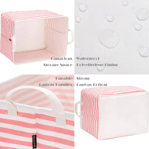 Miniatura 5 de Sea Team - Contenedores cuadrados de tela de lona de 16.5 x 11.8 x 9.8 pulgadas, canastas organizadoras para habitación de niños y bebés Rayas/Rosa