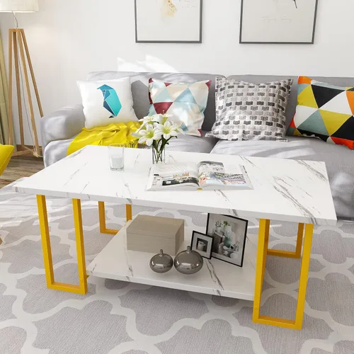 Miniatura 5 de AWQM Mesa de Centro de Mármol, Mesa de Centro Rectangular con Superficie de Mármol Sintético con Marco de Metal Dorado, Mesa de Sala de 2 Niveles