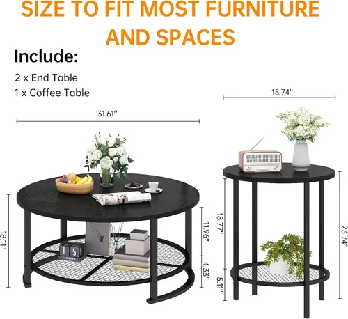 Miniatura 2 de DKLGG Mesas de centro negras de 3 piezas para sala de estar, mesa de centro redonda de madera de 3 piezas, mesas auxiliares y mesas auxiliares