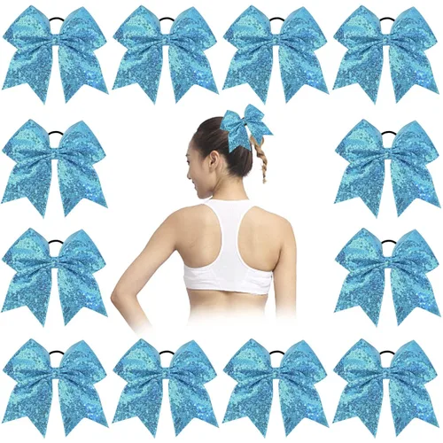 Miniatura 17 de Oaoleer 12 lazos grandes con purpurina para el pelo de 7 pulgadas, banda elástica hecha a mano para animadoras, adolescentes, niñas, deportes Negro