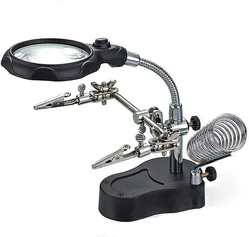 Lupa de escritorio de luz LED con lente de rotación de 360 grados, iluminación 3.5X 12X con abrazadera y clips de cocodrilo, lupa de banco manos
