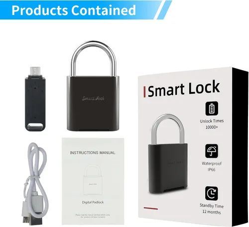 Miniatura 9 de Candado de huellas dactilares, candado biométrico, candado inteligente con llave de emergencia, cerradura impermeable de casillero para gimnasio