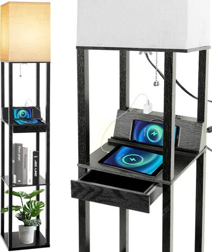 Miniatura 16 de Lámpara de pie RUNTOP Plus con estantes, lámpara de estante con bombilla LED de 15W, 3 colores, función de memoria, estante de exhibición ancho