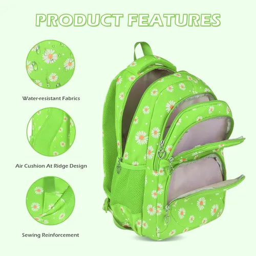 Miniatura 52 de goldwheat Mochilas impresas margaritas con paquete de almuerzo, estuche de lápices 3pcs, bolsa ligera resistente al agua para la escuela secundaria
