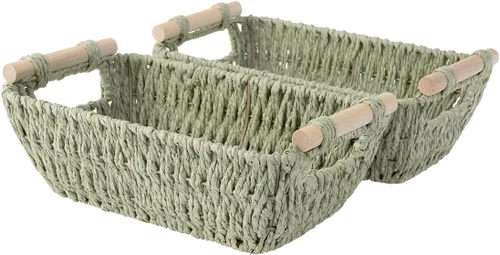 Miniatura 20 de StorageWorks Cestas de almacenamiento grandes tejidas a mano con asas de madera, cestas de mimbre de hierba marina para organizar, paquete de 2