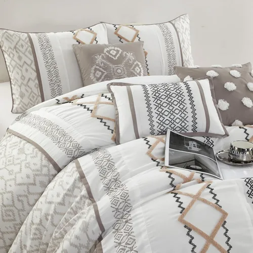 Miniatura 3 de Grand Avenue Juego de edredón Blanco Rojo tamaño Queen, juego de ropa de cama para todas las estaciones de 7 piezas con bordado de felpa, falda