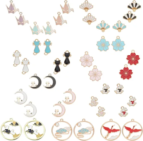 Miniatura 8 de SUNNYCLUE 1 caja de 16 piezas de 8 estilos esmaltados de flores, gato, Pascua, vacaciones, conejo, dijes de aleación de flores de esmalte a granel