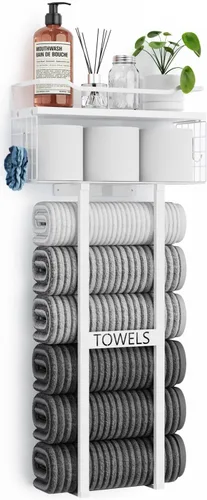 Miniatura 10 de Aetyord Toallero para Baño de 31 Pulgadas Montado en Pared, Estante Flotante con Tablero de Madera, Almacenamiento de Toallas para Baño que Puede