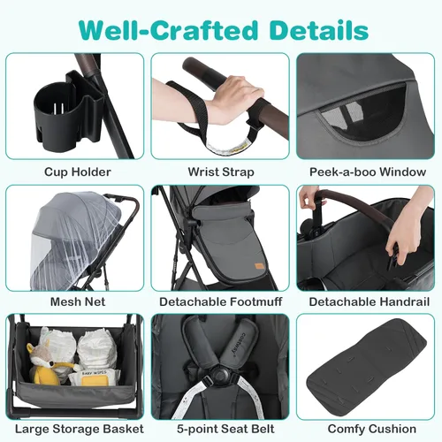 Miniatura 3 de BABY JOY Cochecito de bebé 2 en 1, cochecito convertible de paisaje alto con asiento reversible, red, toldo ajustable, soporte para tazas, cochecito
