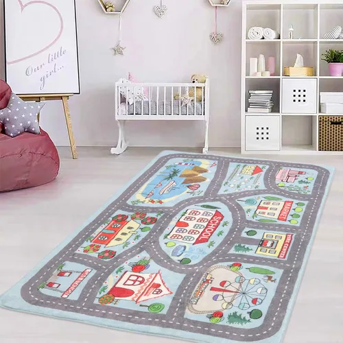 Miniatura 7 de Alfombra extragrande para sala de juegos para niños, 4 x 6 pies, alfombra educativa azul de juegos para niños, para aprender y divertirse