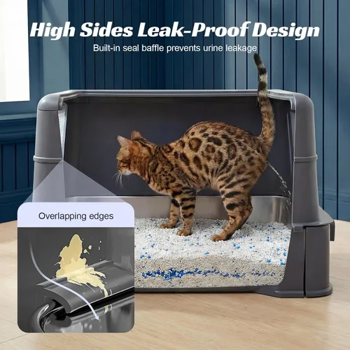 Miniatura 7 de Caja de arena cerrada de acero inoxidable para gatos con tapa y alfombra, caja de arena extra grande para gatos con cajón, caja de metal para gatos
