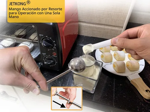 Miniatura 4 de JETKONG Agitador de azúcar en polvo dispensador de harina con mango de resorte de acero inoxidable 18/8 para harina de azúcar y especias Plateado