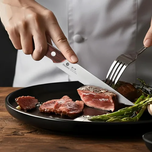 Miniatura 7 de imarku Juego de 6 cuchillos para carne, juego de cuchillos de carne dentados de 9 pulgadas, acero inoxidable japonés de alto carbono, cuchillas