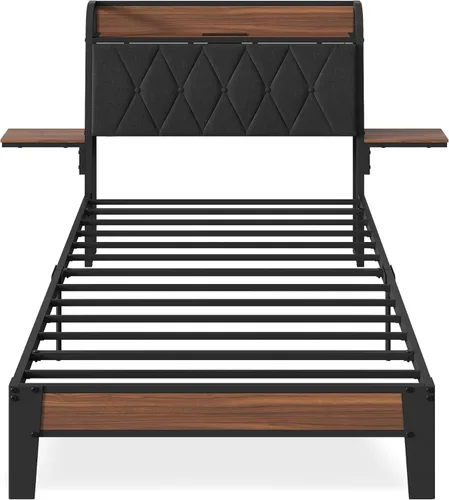 Miniatura 7 de WLIVE Base de cama individual con cabecero, base de cama tapizada con 2 estantes de almacenamiento, cama de plataforma con luces LED y estación