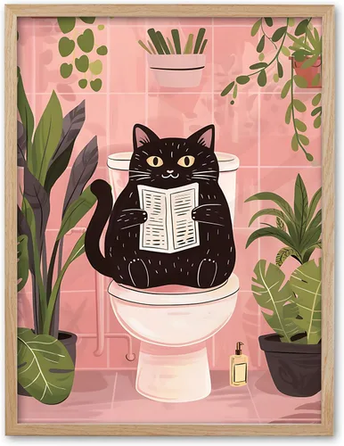 Miniatura 8 de UPWOIGH Decoración artística para pared de baño, arte divertido de pared con diseño de gato negro Are You Pooping, lienzo enmarcado de madera